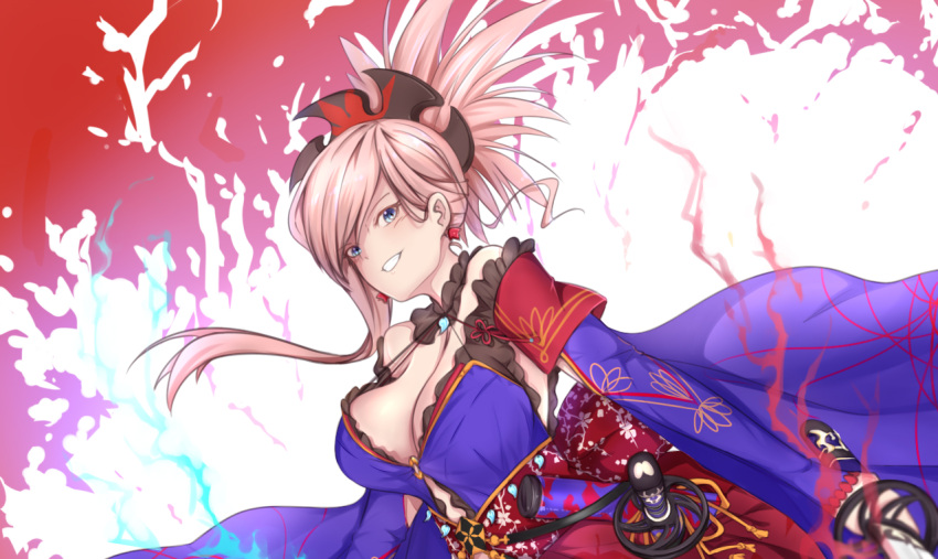 1girl airdoor asymmetrical_hair autumn_leaves blue_eyes blue_kimono breasts cleavage dual_wielding earrings fate/grand_order fate_(series) hair_ornament holding holding_sword holding_weapon japanese_clothes jewelry katana kimono large_breasts leaf_print looking_at_viewer magatama maple_leaf_print miyamoto_musashi_(fate/grand_order) navel_cutout obi pink_hair ponytail sash sheath short_kimono sleeveless sleeveless_kimono solo sword unsheathed weapon