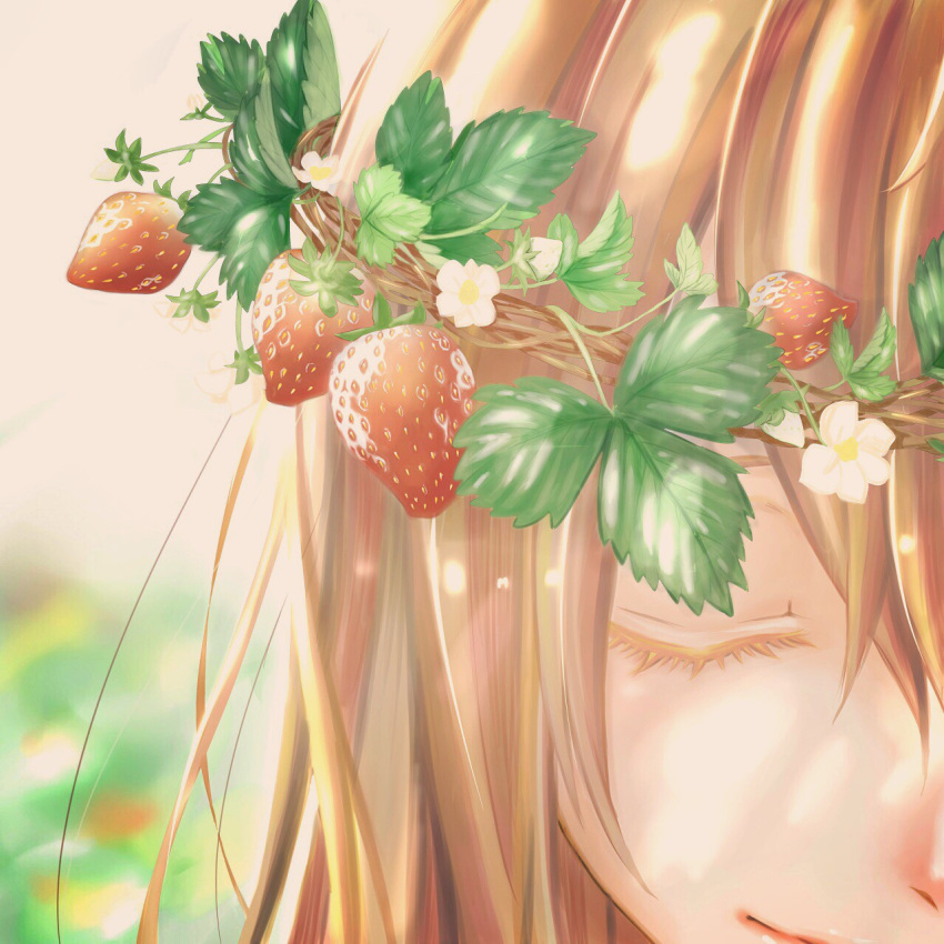 1girl blurry blurry_background close-up closed_eyes eyelashes face flower food fruit gradient gradient_background happy head_wreath highres leaf light_brown_hair light_smile long_hair multicolored multicolored_background original painttool_sai smile solo_focus strawberry sunlight white_flower