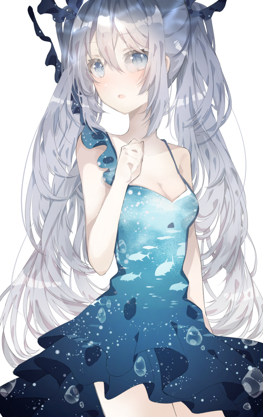 1girl animal_print bangs bare_arms blue_dress blue_eyes breasts cleavage commentary_request dress eyebrows_visible_through_hair fish_print hair_between_eyes hatsune_miku highres long_hair open_mouth print_dress shinkai_shoujo_(vocaloid) siho_(ricchil) silver_hair simple_background sleeveless sleeveless_dress small_breasts solo twintails very_long_hair vocaloid white_background