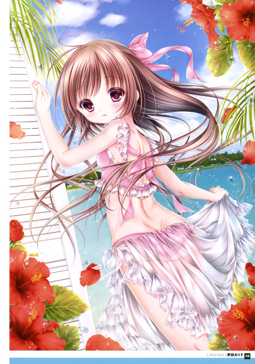 1girl absurdres artist_name ass bikini blue_sky blush body_blush bow breasts butt_crack clouds cloudy_sky day dengeki_moeou dimples_of_venus door eyebrows_visible_through_hair floating_hair flower flower_request framed_image frilled_bikini frills grass hair_bow highres kneepits leaf light_brown_hair looking_at_viewer medium_breasts mubi_alice nail_polish official_art original outdoors page_number parted_lips pink_bow pink_eyes pink_nails pinky_out red_flower sarong sarong_lift scan shore shoulder_blades skindentation sky solo sparkle swimsuit tongue tree water water_drop white_frills white_sarong
