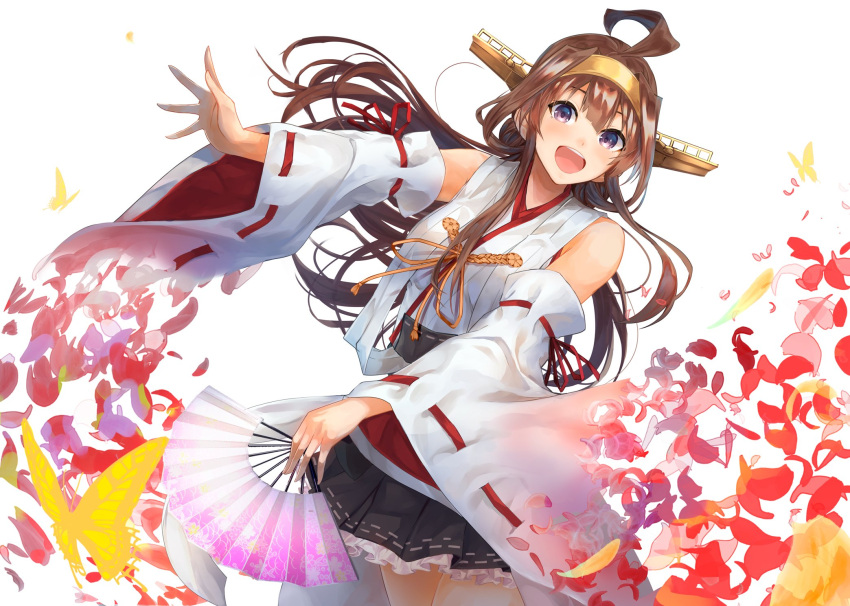 1girl :d ahoge aiguillette bangs bare_shoulders blush breasts brown_hair bug butterfly detached_sleeves double_bun fan floating_hair folding_fan hairband head_tilt headgear highres holding holding_fan insect japanese_clothes kantai_collection kongou_(kantai_collection) konkito long_hair looking_at_viewer nontraditional_miko open_mouth petals remodel_(kantai_collection) sidelocks skirt smile solo thigh-highs thighs wide_sleeves