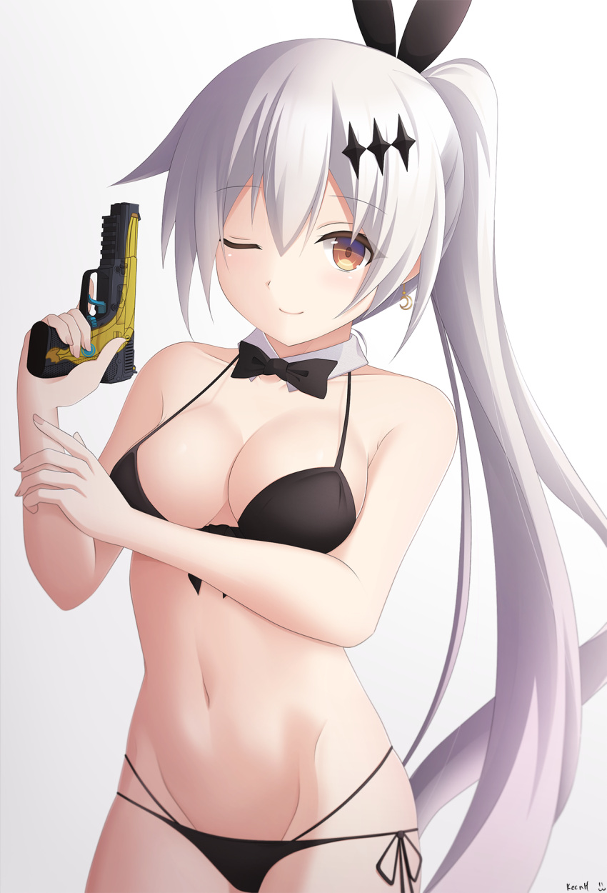 1girl :3 ;) artist_name bare_arms bare_shoulders bikini black_bikini black_bow black_neckwear black_ribbon blush bow bowtie breasts brown_eyes collarbone commentary cowboy_shot crescent crescent_earrings detached_collar earrings eyebrows_visible_through_hair fingernails five-seven_(girls_frontline) front-tie_bikini front-tie_top girls_frontline gradient gradient_background grey_background groin gun hair_between_eyes hair_ornament hair_ribbon handgun highleg highleg_bikini highres holding holding_gun holding_weapon jewelry keenh long_hair looking_at_viewer medium_breasts navel one_eye_closed pistol ponytail ribbon side-tie_bikini signature silver_hair smile solo standing stomach swimsuit very_long_hair weapon white_background