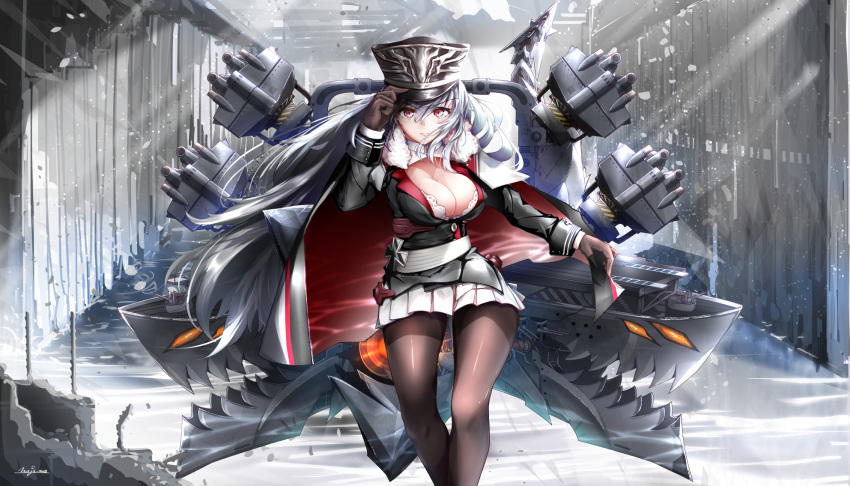 1girl azur_lane bangs belt black_gloves black_legwear breasts cannon cape cleavage closed_mouth expressionless eyebrows_visible_through_hair floating_hair fur-trimmed_cape fur_trim gloves graf_zeppelin_(azur_lane) hair_between_eyes hand_on_headwear hat highres iron_cross jacket large_breasts light_rays long_hair looking_at_viewer machinery mid-stride military military_uniform naka_(nakamaru_ak) pantyhose peaked_cap pleated_skirt red_eyes rigging ripples sidelocks signature silver_hair skirt solo turrets uniform very_long_hair walking water white_skirt wind wind_lift