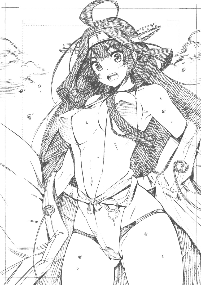 1girl :d absurdres ahoge armpits blush breasts cowboy_shot gluteal_fold greyscale headgear highres kantai_collection kojima_takeshi kongou_(kantai_collection) large_breasts long_hair monochrome navel off_shoulder open_mouth smile solo swimsuit traditional_media