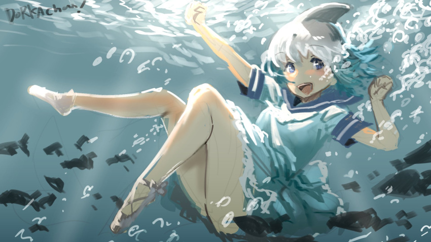 1girl :d arm_up blue_dress blue_eyes blue_hair bubble character_name common_bottlenose_dolphin_(kemono_friends) dress eyebrows_visible_through_hair fish grey_hair head_fins highres in_water kamidana_(kemokemokouhoubu) kemono_friends looking_at_viewer multicolored_hair open_mouth sailor_collar short_sleeves sketch smile solo submerged white_hair