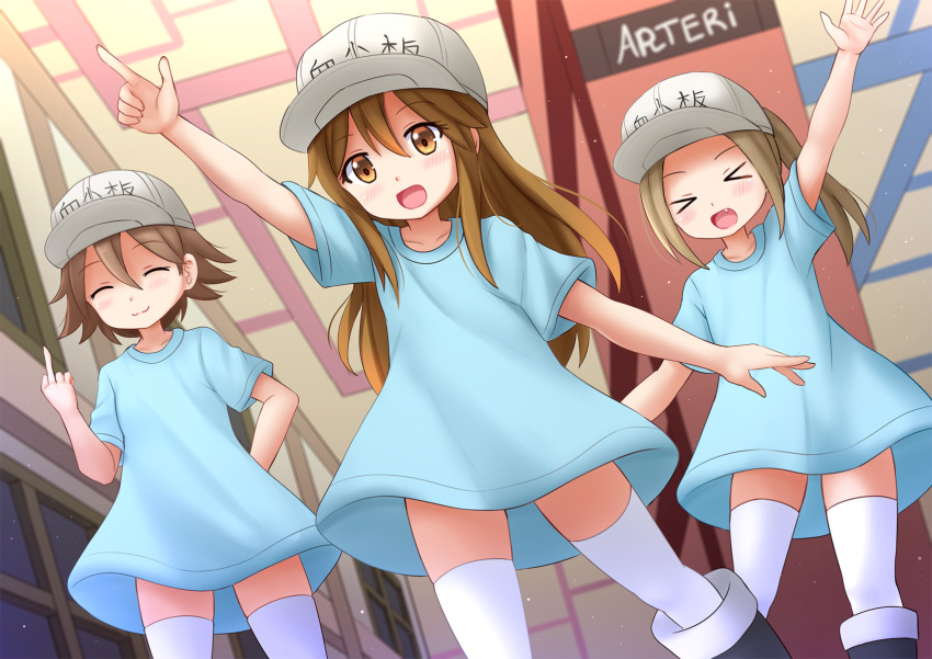 &gt;_&lt; 3girls :3 :d ^_^ arm_up blue_dress blush brown_eyes brown_hair closed_eyes commentary dress english_commentary eyebrows_visible_through_hair fang flat_cap hair_between_eyes hat hataraku_saibou highres kazenokaze long_hair looking_at_viewer middle_finger multiple_girls open_mouth platelet_(hataraku_saibou) pointing short_hair smile thigh-highs white_hat white_legwear xd