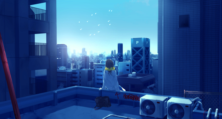 1girl bag blue_sky building city cityscape commentary_request fence from_behind gate graffiti highres ledge maeda_mic original outdoors pleated_skirt rooftop scarf scenery school_bag school_uniform sitting skirt sky skyscraper sweater ufo window yellow_scarf