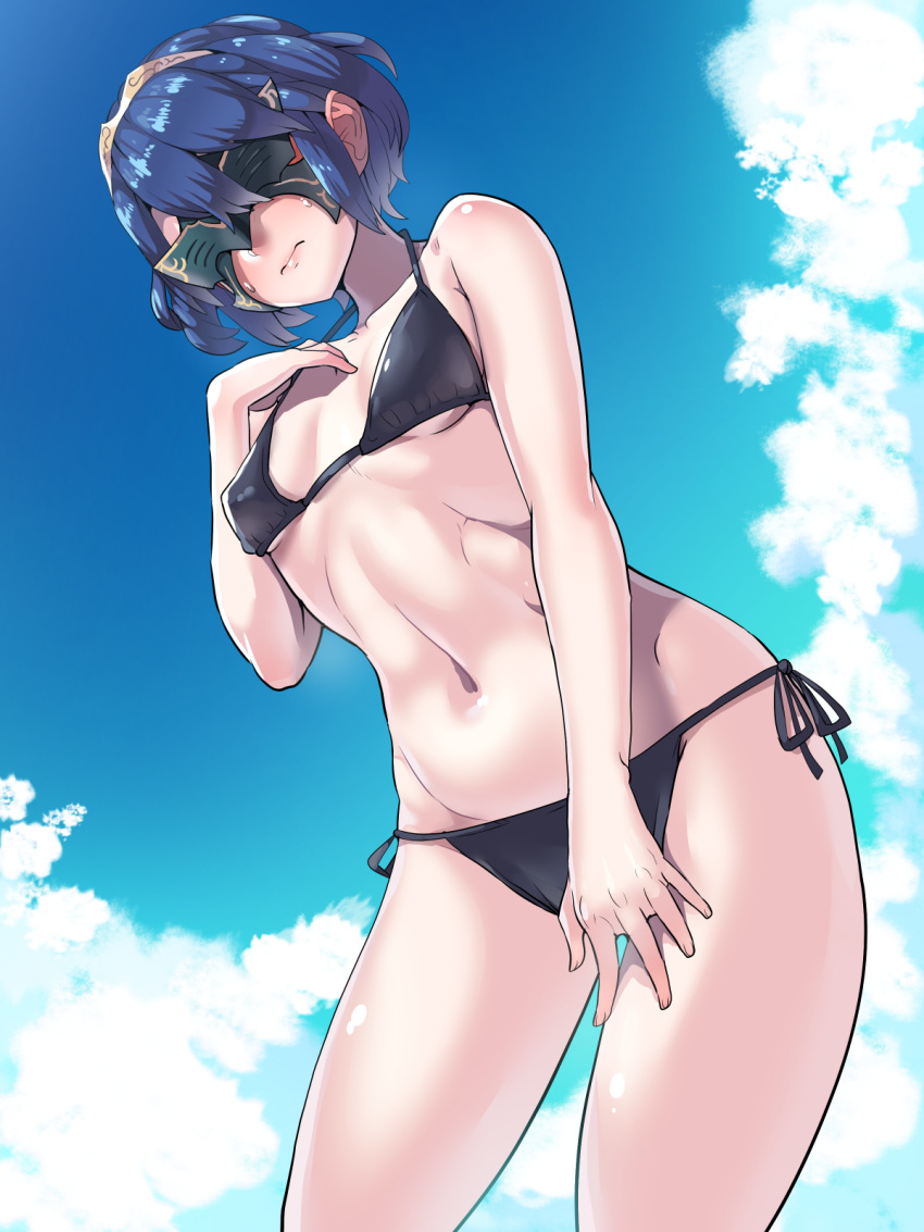 1girl blue_eyes blue_hair boris_(noborhys) breasts clouds embarrassed eyebrows_visible_through_hair fire_emblem fire_emblem:_kakusei fire_emblem_heroes hair_ornament hair_up highres lucina marth_(fire_emblem:_kakusei) mask navel short_hair sky small_breasts sweatdrop swimsuit tiara