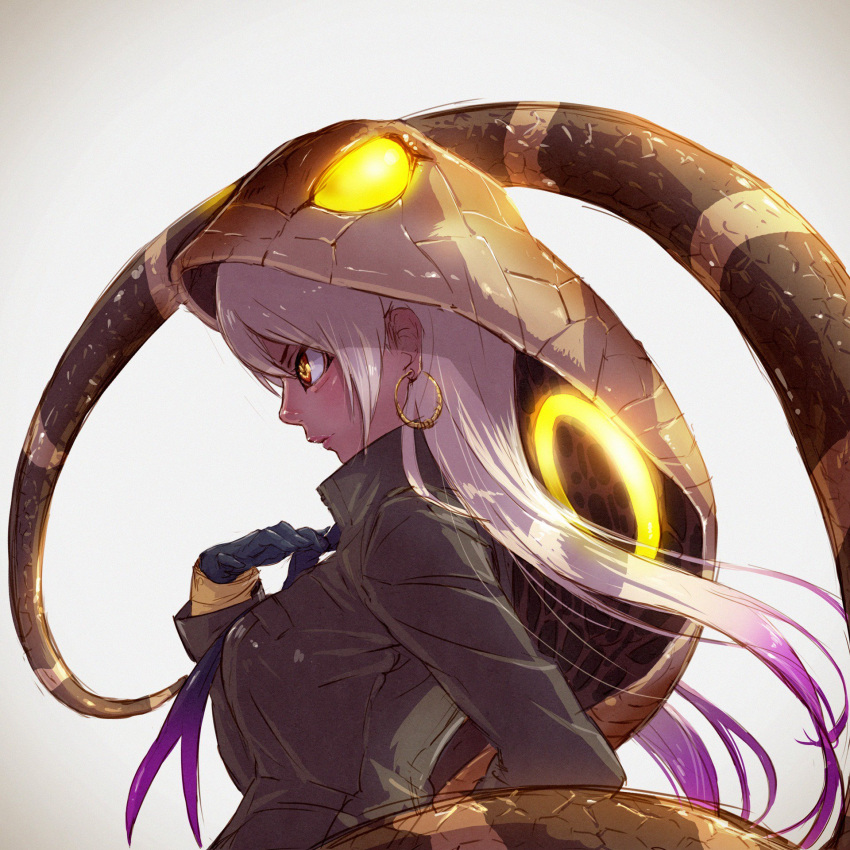 1girl bangs black_gloves closed_mouth commentary dark_skin earrings from_side gloves gradient_hair hand_up henohenomomiji highres hoop_earrings jewelry kemono_friends king_cobra_(kemono_friends) long_hair long_sleeves multicolored_hair nose profile purple_hair scales snake_tail solo straight_hair striped_tail tail tail_raised two-tone_hair upper_body white_hair yellow_eyes
