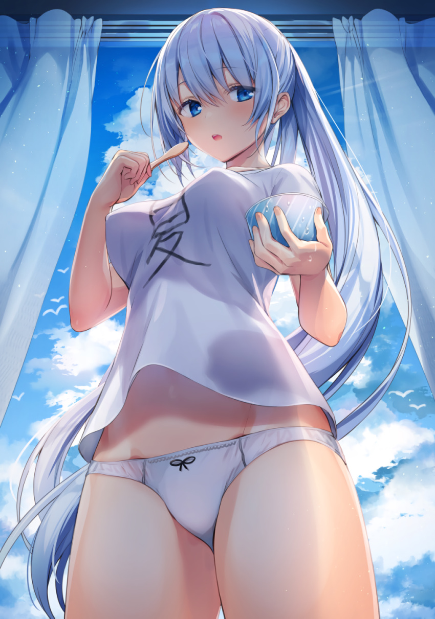 1girl bird blue_eyes blue_hair breasts clouds cloudy_sky cowboy_shot curtains day eyebrows_visible_through_hair fanbox_reward fingernails food from_below highres ice_cream indoors komeshiro_kasu long_hair medium_breasts no_pants original paid_reward panties ponytail shirt silver_hair sky solo t-shirt underwear very_long_hair white_panties