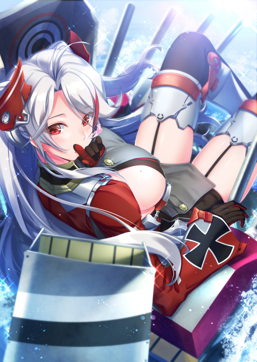1girl absurdres antenna_hair azur_lane bangs bikini blush boots breasts cannon closed_mouth day elbow_rest eyebrows_visible_through_hair finger_to_mouth from_behind garter_straps gloves hair_between_eyes headgear highres ken_ill knee_boots large_breasts long_hair long_sleeves looking_at_viewer looking_back machinery military military_uniform mole mole_on_breast multicolored_hair ocean outdoors prinz_eugen_(azur_lane) redhead rigging side_cutout sideboob sidelocks silver_hair sitting smile solo sparkle splashing streaked_hair swept_bangs swimsuit thigh-highs thighs two_side_up uniform very_long_hair water wide_sleeves