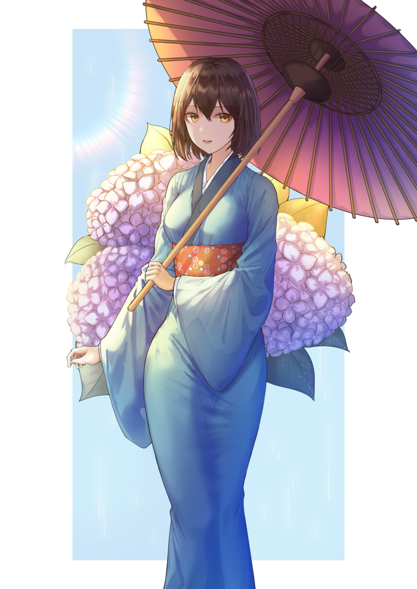 1girl absurdres blue_kimono breasts brown_hair floral_print flower hair_between_eyes helawid highres holding holding_umbrella hydrangea japanese_clothes kimono looking_at_viewer obi oriental_umbrella original outside_border parted_lips sash solo standing umbrella wide_sleeves yellow_eyes