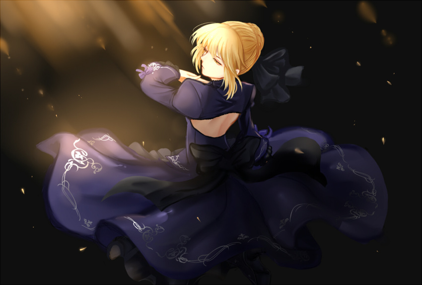 1girl artoria_pendragon_(all) black_bow black_dress blonde_hair bow dancing dress fate/stay_night fate_(series) from_behind hair_bow high_heels leg_up long_dress marchab_66 purple_ribbon ribbon saber_alter short_hair_with_long_locks sidelocks solo yellow_eyes