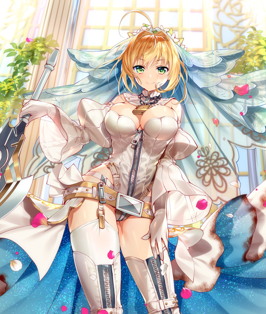 1girl aestus_estus ahoge asymmetrical_legwear bangs bare_shoulders belt belt_buckle between_breasts blonde_hair blurry blush boots breasts bridal_veil buckle chains cleavage closed_mouth commentary contrapposto cowboy_shot day depth_of_field detached_collar detached_sleeves elbow_gloves eyebrows_visible_through_hair fate/extra fate/extra_ccc fate/grand_order fate_(series) flower flower_wreath full-length_zipper garter_belt garter_straps gloves green_eyes groin_tendon hair_intakes hand_on_own_thigh head_wreath highleg highleg_leotard highres holding holding_sword holding_weapon large_breasts leaf leaning_to_the_side leotard lock long_sleeves looking_at_viewer medium_breasts murakami_yuichi nero_claudius_(bride)_(fate) nero_claudius_(fate) nero_claudius_(fate)_(all) outdoors padlock padlocked_collar petals puffy_detached_sleeves puffy_sleeves sidelocks skindentation smile solo standing strapless strapless_leotard sword thigh-highs thigh_boots thighs veil waist_cape weapon white_gloves white_legwear white_leotard wide_sleeves wreath zipper zipper_pull_tab