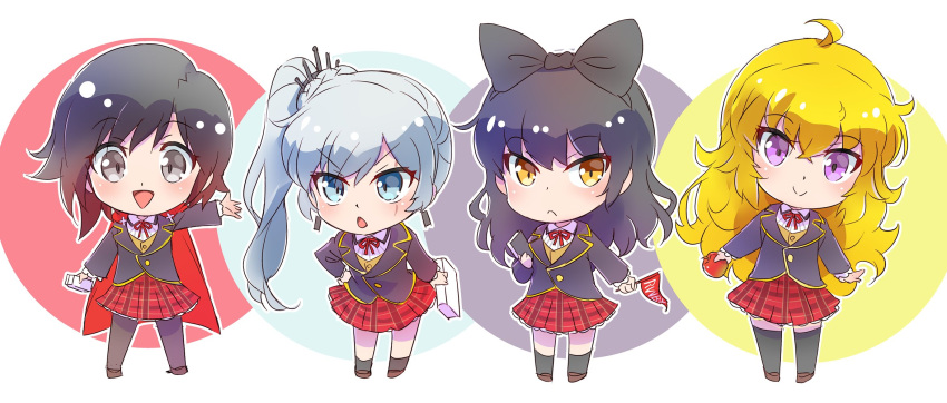 black_hair blake_belladonna blonde_hair blue_eyes bow chibi gradient_hair grey_eyes hair_bow highres iesupa long_hair multicolored_hair ponytail redhead ruby_rose rwby rwby_chibi scar scar_across_eye school_uniform short_hair side_ponytail two-tone_hair violet_eyes wavy_hair weiss_schnee white_hair yang_xiao_long yellow_eyes