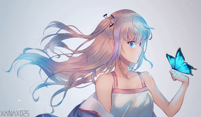 1girl artist_name bangs blue_eyes breasts bug butterfly closed_mouth collarbone dress eyebrows_visible_through_hair floating_hair girls_frontline glowing gradient gradient_background hair_between_eyes hair_ornament insect jacket light_particles long_hair looking_at_viewer multicolored_hair off_shoulder one_side_up pink_hair sidelocks simple_background small_breasts solo st_ar-15_(girls_frontline) streaked_hair wind xanax025