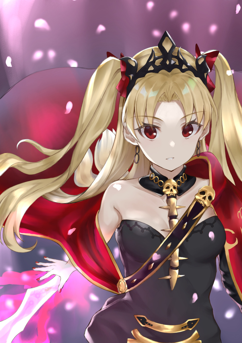 1girl absurdres blonde_hair breasts cape choker cleavage diadem earrings ereshkigal_(fate/grand_order) eyebrows_visible_through_hair fate/grand_order fate_(series) hair_ribbon highres jewelry long_hair looking_at_viewer medium_breasts nail_polish parted_lips red_cape red_eyes red_nails red_ribbon ribbon sleeveless solo striped takubon_(xewh4773) tohsaka_rin twintails upper_body very_long_hair