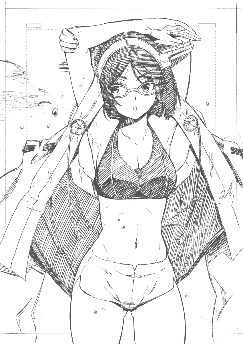 &gt;:o 1girl absurdres armpits arms_up breasts cowboy_shot glasses gluteal_fold greyscale headgear highres kantai_collection kirishima_(kantai_collection) kojima_takeshi looking_to_the_side medium_breasts monochrome navel short_hair solo traditional_media