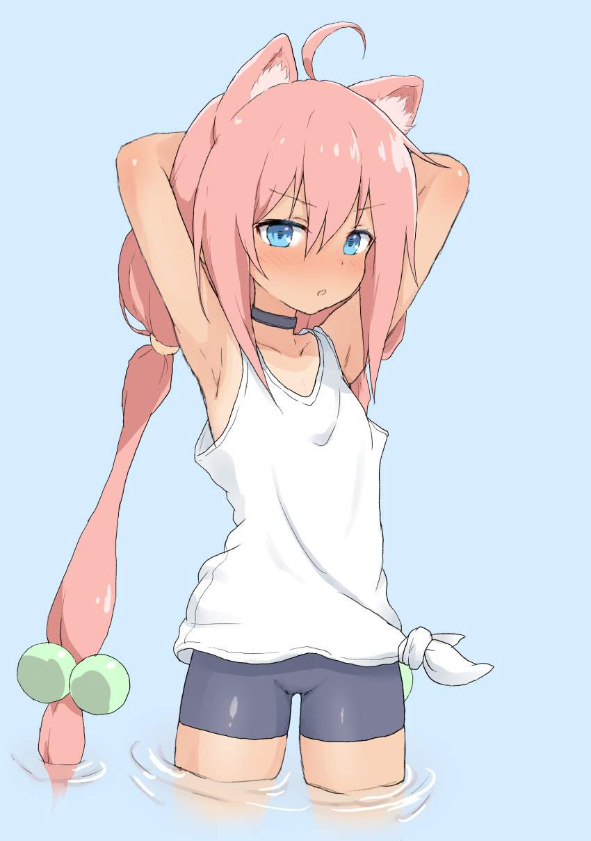 1girl :o absurdres ahoge animal_ears armpits arms_behind_head arms_up bangs bare_arms bike_shorts black_choker black_shorts blue_background blue_eyes blush cat_ears choker collarbone eyebrows_visible_through_hair flat_chest hair_between_eyes hair_bobbles hair_ornament highres hinata_channel long_hair looking_at_viewer low_twintails nekomiya_hinata nose_blush one-piece_tan pink_hair shiny shiny_hair shirt shorts sidelocks simple_background solo standing tan tanline tied_shirt twintails v-shaped_eyebrows very_long_hair virtual_youtuber wading water white_tank_top yakihebi