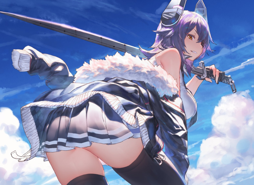 1girl black_legwear black_skirt clouds commentary cowboy_shot day eyepatch fur-trimmed_jacket fur_trim gloves headgear holding holding_sword holding_weapon izumi_sai jacket kantai_collection leaning_forward long_sleeves looking_at_viewer necktie off_shoulder outdoors parted_lips partly_fingerless_gloves pleated_skirt pocket purple_hair remodel_(kantai_collection) shirt skirt sky sleeveless sleeveless_shirt smile sword tenryuu_(kantai_collection) thigh-highs weapon white_shirt yellow_eyes