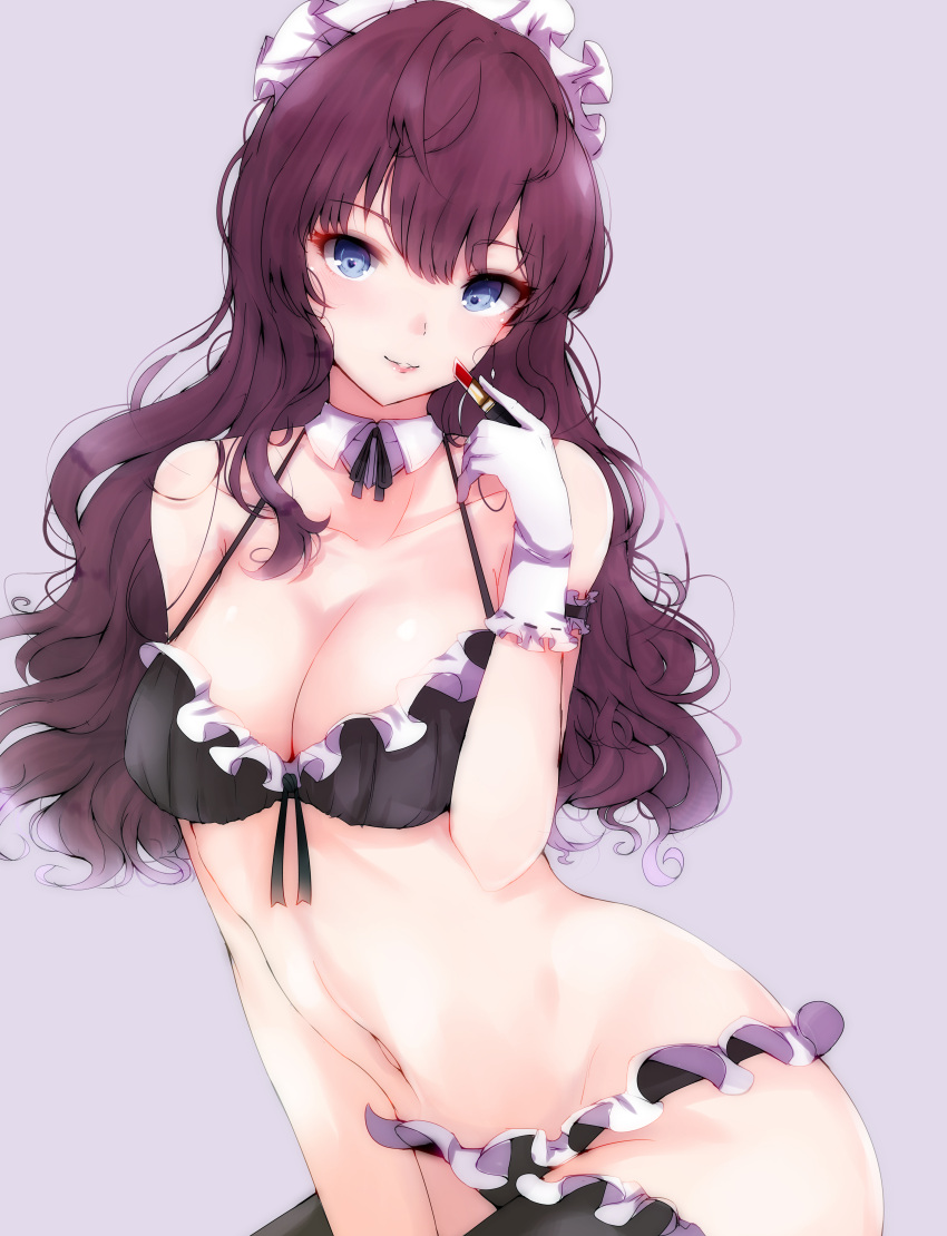 1girl absurdres arm_at_side arm_garter bangs bare_shoulders black_ribbon blue_eyes blush bra breasts cleavage collarbone detached_collar earrings eyebrows_visible_through_hair eyelashes frilled_bra frilled_gloves frills gloves groin hair_between_eyes highres holding holding_lipstick ichinose_shiki idolmaster idolmaster_cinderella_girls jewelry large_breasts lingerie lipstick lipstick_tube long_hair looking_at_viewer maid_headdress makeup medium_breasts midriff navel parted_lips purple_hair ribbon ribbon-trimmed_gloves ribbon_bra ribbon_trim ryuu. simple_background smile solo stomach underwear underwear_only wavy_hair white_gloves