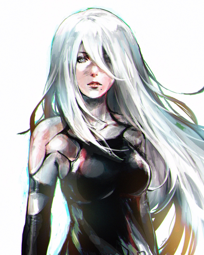 1girl android armlet bangs black_gloves blue_eyes breasts commentary elbow_gloves english_commentary facing_viewer gloves hair_between_eyes hair_over_one_eye highres long_hair medium_breasts mole mole_under_mouth nier_(series) nier_automata nvalkyrja parted_lips robot_joints silver_hair tank_top yorha_type_a_no._2