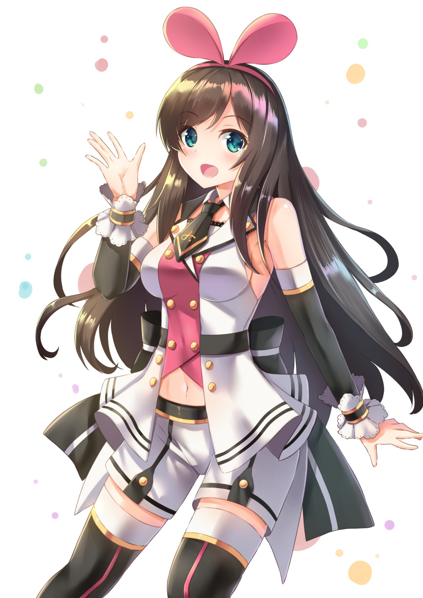 1girl :d a.i._channel absurdres bare_shoulders black_legwear black_neckwear blush breasts brown_hair commentary detached_sleeves green_eyes hair_ribbon hand_up highres holmemee kizuna_ai long_hair long_sleeves looking_at_viewer medium_breasts multicolored multicolored_polka_dots navel necktie open_mouth pink_ribbon polka_dot polka_dot_background ribbon shirt short_necktie short_shorts shorts sidelocks sleeveless sleeveless_shirt smile solo thigh-highs very_long_hair virtual_youtuber white_background white_shirt white_shorts