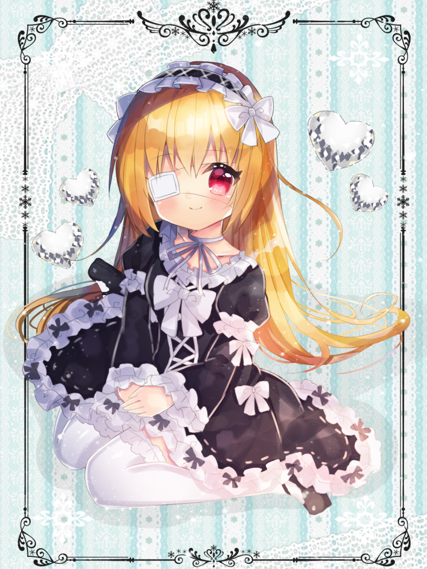 1girl bangs black_dress black_footwear black_hairband blonde_hair blush bow closed_mouth commentary_request dress eyebrows_visible_through_hair eyepatch frilled_hairband frills gothic_lolita hair_between_eyes hairband hands_on_lap heart highres kohaku_muro lolita_fashion long_hair long_sleeves looking_at_viewer mary_janes medical_eyepatch original own_hands_together puffy_short_sleeves puffy_sleeves red_eyes shoes short_over_long_sleeves short_sleeves sitting sleeves_past_wrists smile solo thigh-highs v_arms very_long_hair wariza white_bow white_legwear wide_sleeves