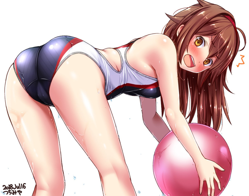 1girl all_fours artist_name ass ball black_swimsuit brown_eyes brown_hair competition_swimsuit cowboy_shot dated hair_flaps hairband highres kantai_collection long_hair looking_at_viewer one-piece_swimsuit red_hairband remodel_(kantai_collection) shiratsuyu_(kantai_collection) simple_background solo swimsuit tsuchimiya white_background