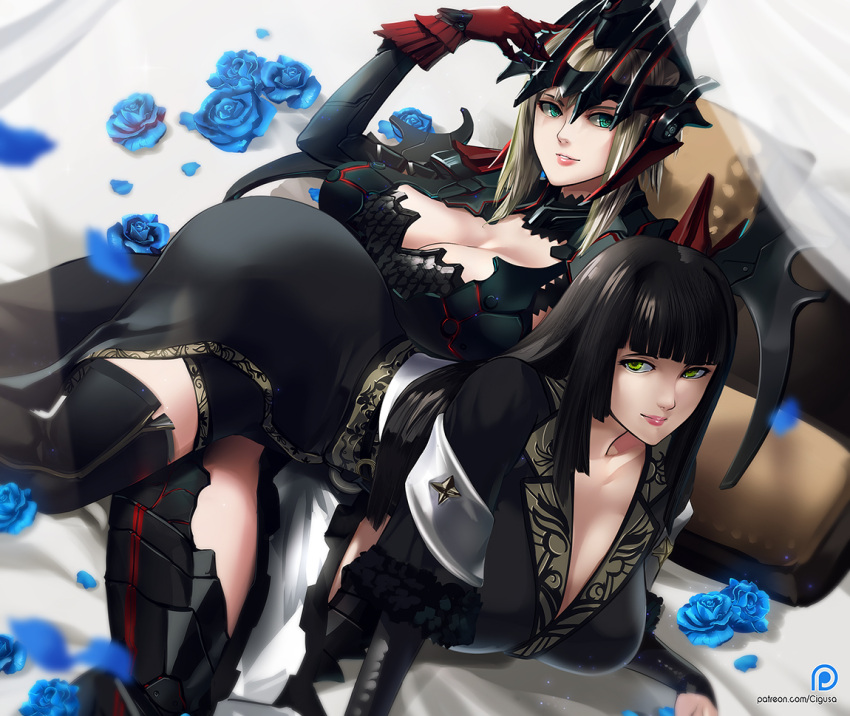 2girls all_fours aranea_highwind armor bed black_hair blanket blue_flower blue_rose breasts bridal_gauntlets cleavage curtains final_fantasy final_fantasy_xv flower gentiana green_eyes helmet large_breasts long_hair looking_at_viewer multiple_girls parted_lips petals pillow rose senria shawl silver_hair smile spread_legs yellow_eyes