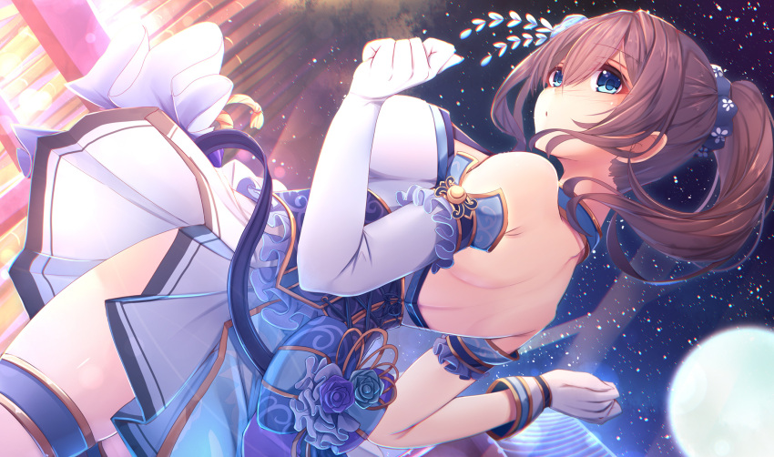 1girl alternate_costume asymmetrical_gloves blue_eyes breasts commentary_request dutch_angle elbow_gloves flower gloves griddle highres idolmaster idolmaster_cinderella_girls idolmaster_cinderella_girls_starlight_stage large_breasts long_hair looking_away moon night rose sagisawa_fumika skirt sky solo star_(sky) starry_sky tatapopo