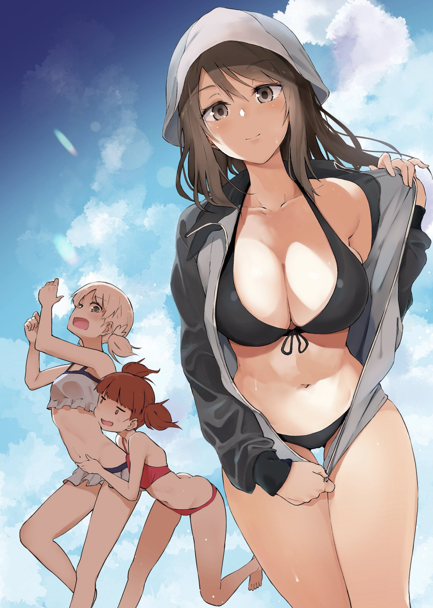 3girls aki_(girls_und_panzer) ass bare_shoulders bikini black_bikini blonde_hair blush breasts brown_eyes brown_hair cleavage clouds collarbone eyebrows_visible_through_hair front-tie_top girls_und_panzer grey_eyes hat highres jacket large_breasts long_hair looking_at_viewer low_twintails mika_(girls_und_panzer) mikko_(girls_und_panzer) multiple_girls muteki_souda navel open_mouth red_bikini red_eyes redhead short_hair short_twintails sky small_breasts smile swimsuit swimsuit_under_clothes thigh_gap torso_grab track_jacket twintails unzipping wet white_bikini zipper zipper_pull_tab