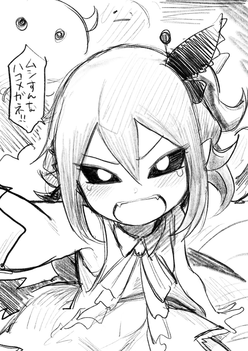 1girl black_sclera blush bow demon_girl dress fang greyscale hair_ornament highres looking_at_viewer monochrome musume open_mouth pointy_ears ribbon shiromanta sketch sleeveless sleeveless_dress smile solo sweat translation_request v_yuusha_no_kuse_ni_namaiki_da_r yuusha_no_kuse_ni_namaiki_da