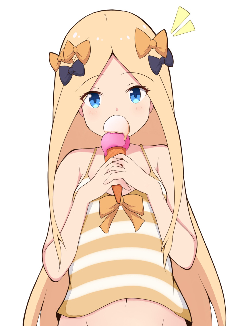 1girl abigail_williams_(fate/grand_order) absurdres bangs bare_arms bare_shoulders black_bow blonde_hair blue_eyes blush bow camisole commentary_request covered_mouth double_scoop eyebrows_visible_through_hair fate/grand_order fate_(series) food forehead groin hair_bow highres holding holding_food ice_cream ice_cream_cone long_hair mitchi navel orange_bow parted_bangs simple_background solo striped striped_camisole upper_body very_long_hair white_background