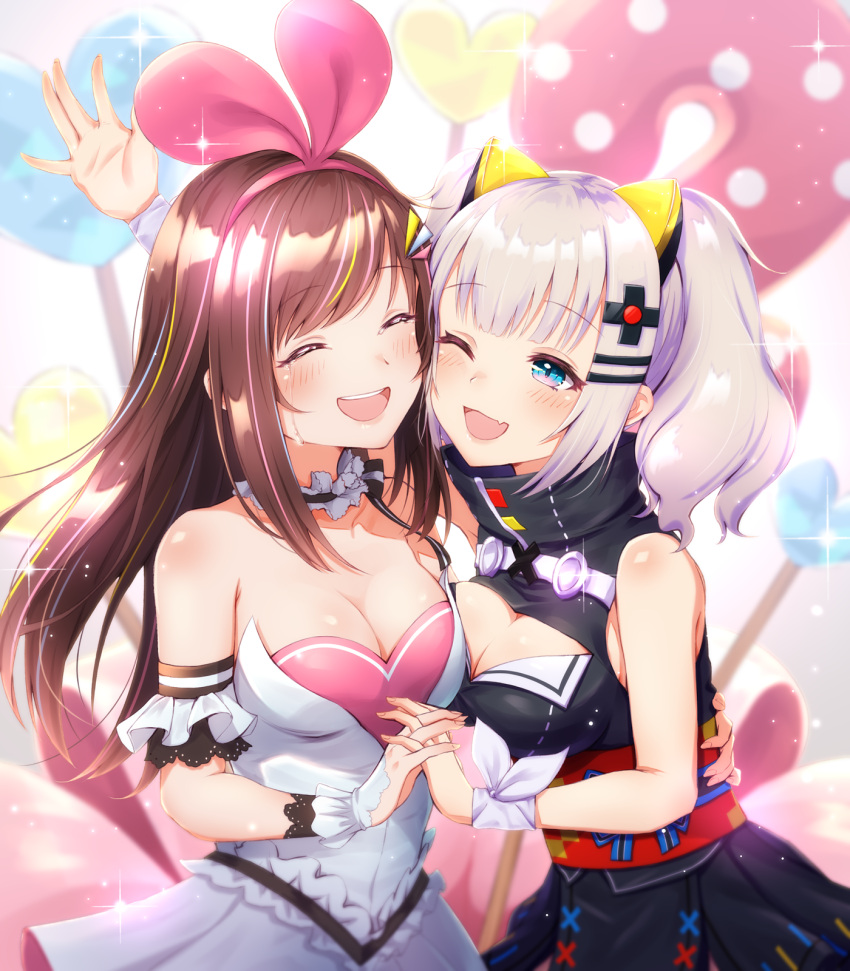 2girls :d ;d ^_^ a.i._channel bare_shoulders black_dress blue_eyes blush breasts brown_hair choker cleavage cleavage_cutout closed_eyes closed_eyes commentary_request dress eyebrows_visible_through_hair fang hair_ornament hairband hairclip hand_holding happy highres interlocked_fingers kaguya_luna kaguya_luna_(character) kizuna_ai long_hair medium_breasts multicolored_hair multiple_girls obi one_eye_closed open_mouth pink_hair pink_hairband ribbon sash short_hair silver_hair sleeveless smile streaked_hair tears toki_(toki_ship8) twintails virtual_youtuber white_ribbon wrist_ribbon x_hair_ornament