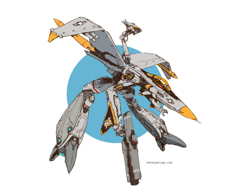 commentary emerson_tung english_commentary gerwalk gunpod highres hybrid jolly_roger machinery macross macross_zero mecha missile_pod original redesign roundel science_fiction signature simple_background sketch solo sv-51 transformation variable_fighter vf-1