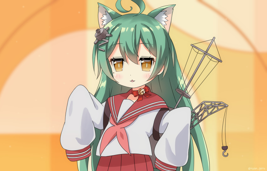 1girl :3 ahoge akashi_(azur_lane) animal_ears azur_lane bangs bell blurry blurry_background blush bow brown_eyes cat_ears cat_girl commentary_request crane eyebrows_visible_through_hair geru_nyan green_eyes green_hair hair_between_eyes hair_ornament jingle_bell jitome long_hair long_sleeves looking_at_viewer lucky_star motteke!_serafuku neckerchief parody parted_lips pink_neckwear pleated_skirt red_bow red_sailor_collar red_skirt ryouou_school_uniform sailor_collar school_uniform serafuku shirt skirt sleeves_past_fingers sleeves_past_wrists slit_pupils solo upper_body very_long_hair white_shirt