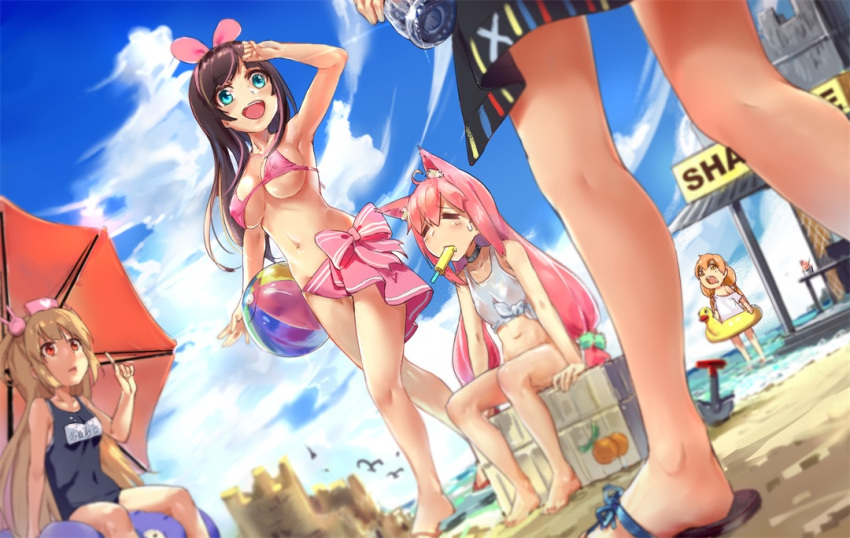 5girls a.i._channel ahoge animal_ears arm_up bare_arms bare_shoulders beach bikini black_swimsuit blue_eyes blue_sky blurry blurry_background bottle breasts brown_footwear brown_hair bunny_hair_ornament cat_ears character_request cleavage closed_eyes clouds cloudy_sky collarbone commentary_request crossover day depth_of_field dutch_angle food food_in_mouth hair_ornament hair_ribbon hand_up hat heart hinata_channel horizon index_finger_raised innertube kaguya_luna kaguya_luna_(character) kizuna_ai light_brown_hair long_hair low-tied_long_hair medium_breasts mouth_hold multicolored_hair multiple_crossover multiple_girls natori_sana nekomiya_hinata nurse_cap ocean one-piece_swimsuit outdoors pink_bikini pink_hair pink_hat pink_ribbon popsicle red_eyes ribbon sana_channel sand sand_castle sand_sculpture sandals school_swimsuit sitting sky streaked_hair sweatdrop swimsuit tank_top very_long_hair virtual_youtuber water water_bottle white_tank_top xiaoyu