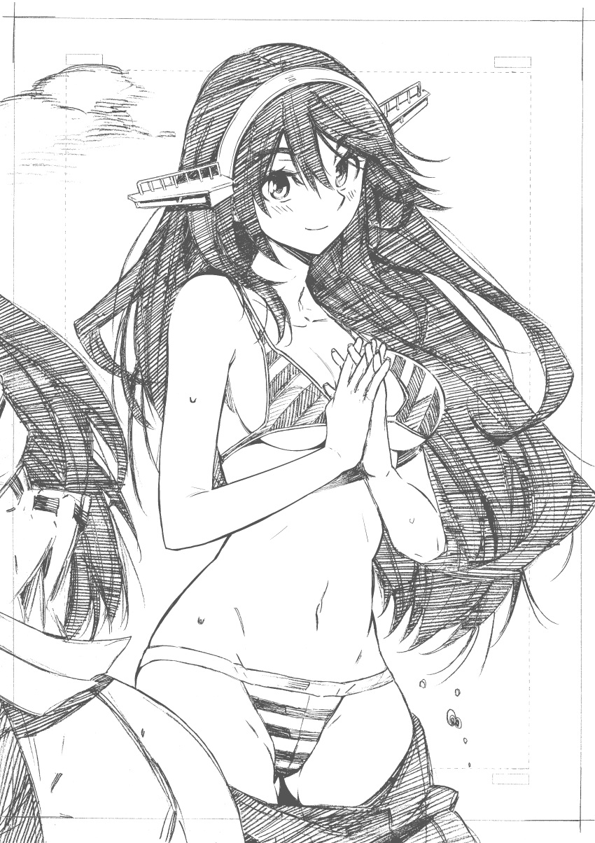 1girl absurdres bikini blush breasts cowboy_shot greyscale hands_together haruna_(kantai_collection) headgear highres kantai_collection kojima_takeshi long_hair looking_at_viewer medium_breasts monochrome navel smile solo striped striped_bikini swimsuit traditional_media