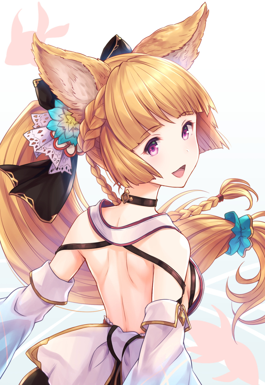 1girl :d animal_ears back bangs bare_shoulders black_bow black_ribbon blue_background blue_flower blue_scrunchie blunt_bangs blush bow braid breasts brown_choker brown_hair choker commentary_request detached_sleeves erune eyebrows_visible_through_hair floating_hair flower french_braid from_behind gradient gradient_background granblue_fantasy hair_bow hair_flower hair_ornament hair_ribbon hair_scrunchie hair_tie head_tilt highres long_hair long_sleeves looking_at_viewer looking_back open_mouth pink_eyes ponytail ribbon scrunchie shiny shiny_hair shoulder_blades sideboob sidelocks single_braid small_breasts smile solo tomo_(user_hes4085) upper_body very_long_hair white_background wide_sleeves yellow_flower yuisis_(granblue_fantasy)