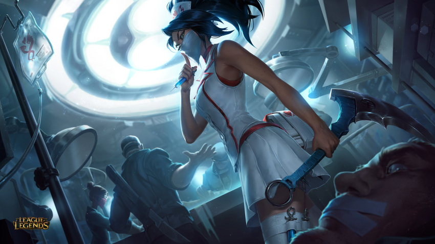 2girls 3boys akali alternate_costume bare_shoulders bed black_hair covered_mouth doctor finger_to_mouth glasses gloves green_eyes hat highres hospital hospital_bed indoors league_of_legends light long_hair looking_at_viewer low-tied_long_hair mask multiple_boys multiple_girls nurse nurse_akali nurse_cap official_art ponytail rubber_gloves scalpel shushing sickle skirt surgeon surgery surgical_mask syringe thigh-highs very_long_hair weapon white_legwear