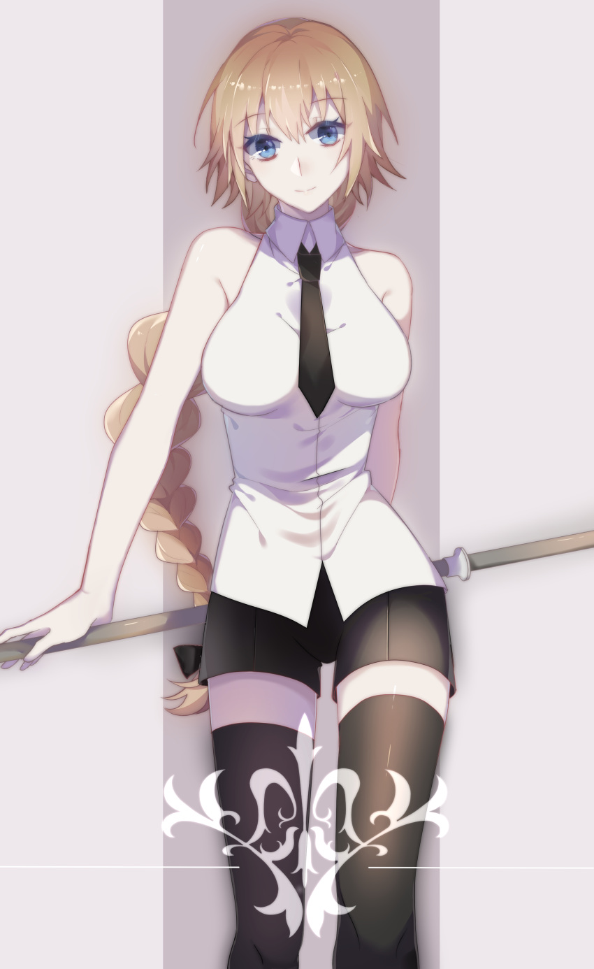 1girl absurdres black_bow black_legwear black_neckwear black_shorts blonde_hair blue_eyes bow braid breasts dress dress_shirt eyebrows_visible_through_hair fate/apocrypha fate_(series) grey_background hair_between_eyes hair_bow head_tilt highres holding holding_weapon idass_(1155101099) jeanne_d'arc_(alter)_(fate) jeanne_d'arc_(fate)_(all) large_breasts long_hair looking_at_viewer low-tied_long_hair necktie ponytail shiny shiny_clothes shiny_hair shirt short_shorts shorts single_braid sleeveless sleeveless_shirt smile solo standing thigh-highs very_long_hair weapon white_dress zettai_ryouiki