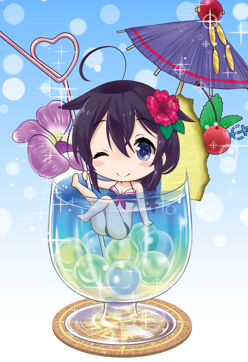 1girl ;) bikini black_bikini black_hair blue_eyes blush_stickers braid breasts cherry chibi cleavage closed_mouth cocktail_umbrella commentary_request crazy_straw drinking_straw flower food fruit hair_flower hair_ornament hair_ribbon heart_straw highres holding in_container kantai_collection long_hair medium_breasts neko_danshaku one_eye_closed purple_flower purple_umbrella red_flower red_ribbon ribbon shigure_(kantai_collection) single_braid smile solo sparkle star star_in_eye swimsuit symbol_in_eye tropical_drink very_long_hair