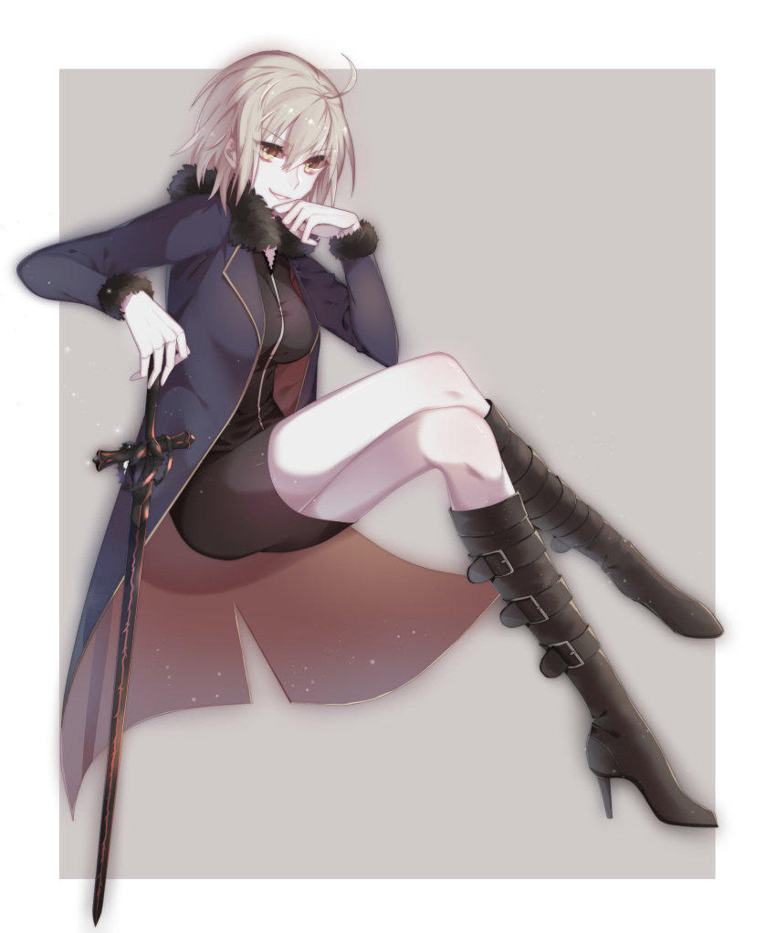 1girl absurdres ahoge black_dress black_footwear boots breasts dress eyebrows_visible_through_hair fate/grand_order fate_(series) full_body grey_background hair_between_eyes hands_on_hilt high_heel_boots high_heels highres idass_(1155101099) invisible_chair jeanne_d'arc_(alter)_(fate) jeanne_d'arc_(fate)_(all) knee_boots large_breasts legs_crossed parted_lips short_dress short_hair silver_hair sitting smile solo sword weapon yellow_eyes
