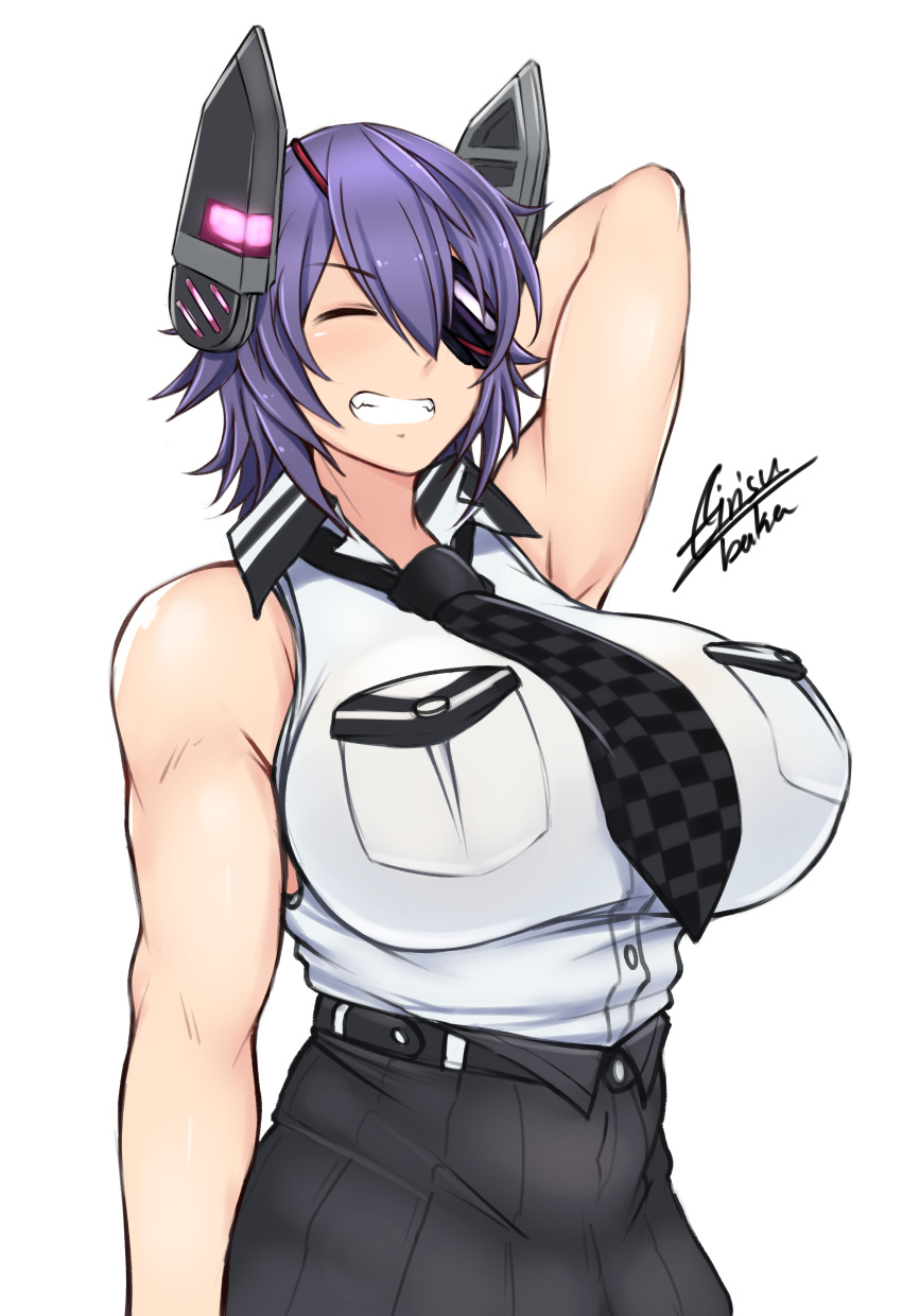 1girl ^_^ absurdres airisubaka arm_behind_head arm_up bare_shoulders breasts checkered checkered_neckwear closed_eyes closed_eyes commentary english_commentary eyepatch grin headgear highres huge_breasts kantai_collection necktie pocket purple_hair remodel_(kantai_collection) shirt short_hair sleeveless sleeveless_shirt smile solo tenryuu_(kantai_collection) white_shirt