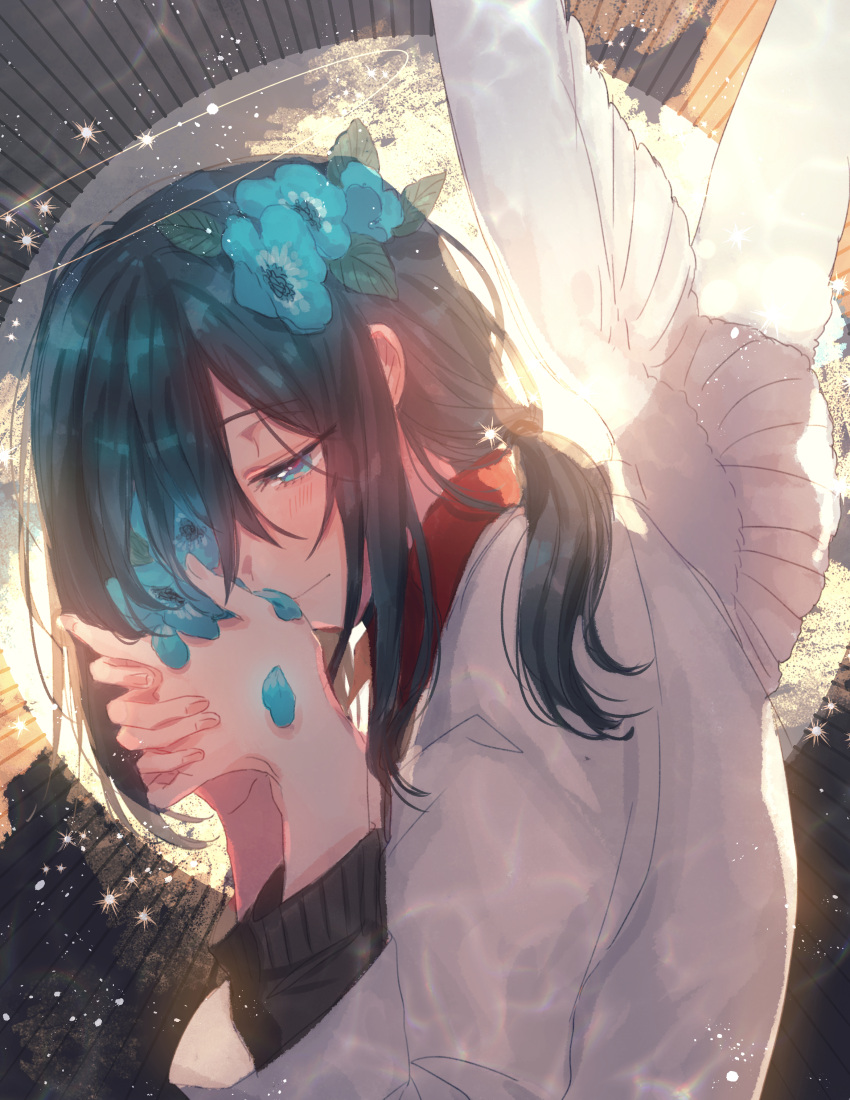 absurdres androgynous angel angel_wings black_hair blue_eyes blue_flower blush canarinu eyebrows_visible_through_hair eyelashes fingernails flower flower_request hair_flower hair_ornament hair_over_one_eye half-closed_eyes halo hands_together highres interlocked_fingers light_smile long_hair long_sleeves looking_down original petals ponytail shirt smile sparkle upper_body white_shirt white_wings wings