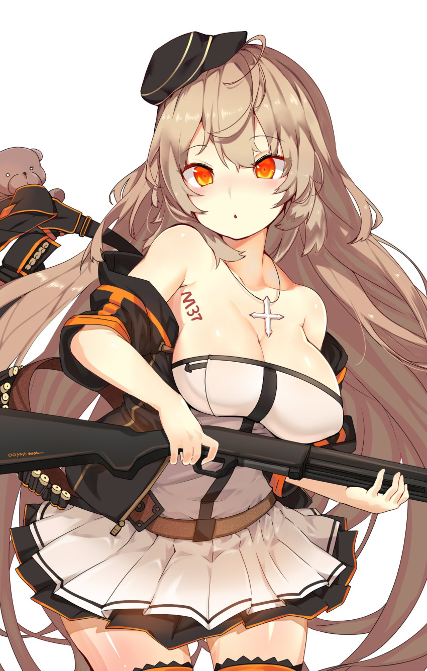 1girl :o ahoge armpit_crease bag bangs belt black_hat black_legwear blush body_writing breasts buckle character_name cleavage cross cross_necklace elbow_rest floating_hair girls_frontline gun hair_between_eyes hair_ornament hairclip hanging_breasts hat high_heels highres holding holding_gun holding_weapon ithaca_m37 ithaca_m37_(girls_frontline) jacket jewelry large_breasts long_hair looking_at_viewer necklace off_shoulder open_clothes open_jacket open_mouth pleated_skirt pump_action red_eyes shiny shiny_skin shotgun shotgun_shells sidelocks simple_background skirt solo standing strap stuffed_animal stuffed_toy teddy_bear thigh-highs unzipped upper_body weapon white_background yugion zipper zipper_pull_tab