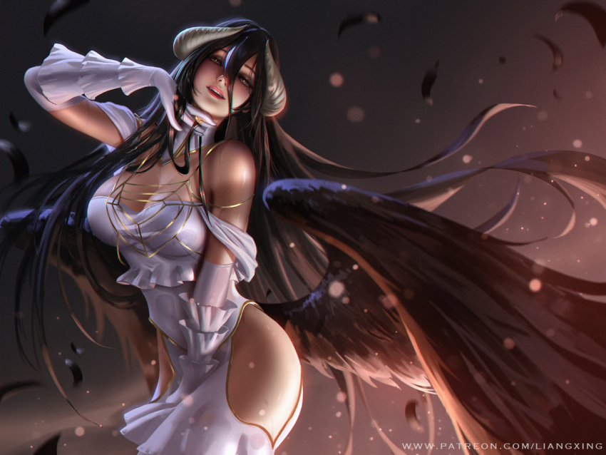 1girl albedo black_hair black_wings demon_horns detached_collar dress elbow_gloves feathered_wings gloves hair_between_eyes hip_vent horns liang_xing lips long_hair looking_at_viewer low_wings overlord_(maruyama) parted_lips patreon_username solo watermark web_address white_dress white_gloves wings yellow_eyes