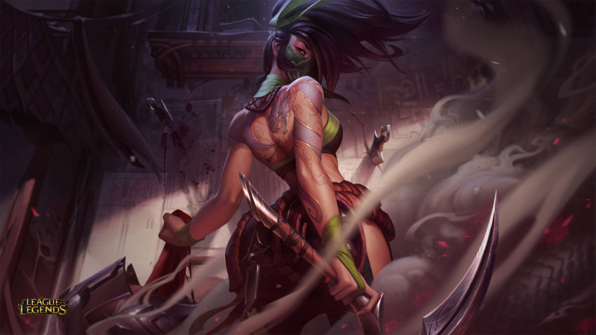 1girl akali back bare_shoulders black_hair breasts dagger from_behind highres holding holding_weapon league_of_legends long_hair looking_at_viewer looking_back mask official_art ponytail sickle small smoke solo standing tattoo weapon