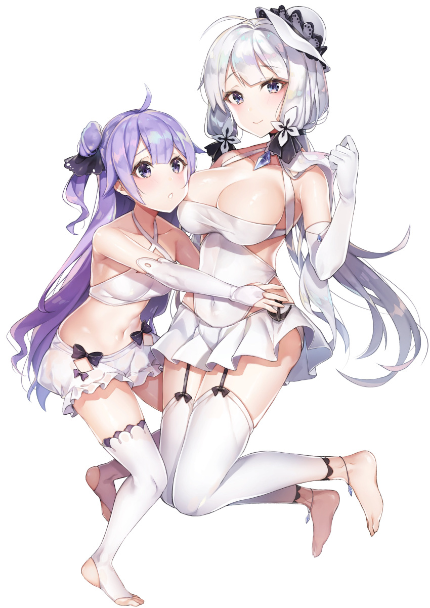 2girls absurdres ahoge alternate_costume anklet armlet ass azur_lane bangs bare_shoulders bikini bikini_shorts black_ribbon blue_eyes blush breasts bridal_gauntlets cleavage collarbone covered_navel elbow_gloves eyebrows_visible_through_hair garter_straps gloves hair_bun hair_ornament hair_ribbon hand_up hat highres hug illustrious_(azur_lane) jewelry jumping large_breasts long_hair looking_at_another looking_at_viewer low_twintails mini_hat mole mole_under_eye multiple_girls no_shoes one-piece_swimsuit parted_lips purple_hair ribbon sapphire_(stone) shorts side_bun sidelocks skindentation smile sun_hat swimsuit thigh-highs thighs toeless_legwear twintails unicorn_(azur_lane) very_long_hair violet_eyes white_bikini white_gloves white_hair white_legwear white_swimsuit yayoichi_(yoruyoru108)
